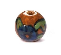 Perle céramique boule émaillée marron avec fleur bleue diam. 17mm. 50u.