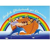 Perleberg Carte de communion avec enveloppe jaune 11,6 x 16,6 cm - Motif arc-en-ciel - Carte de vœux pour communion - Idéale pour cadeaux en argent