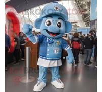 Personnage De Costume De Mascotte Redbrokoly Guinness Bleu Ciel Habillé D'un Jean Et D'une Casquette Multicolore