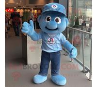 Personnage De Costume De Mascotte Redbrokoly Guinness Bleu Ciel Habillé D'un Jean Et D'une Casquette Multicolore