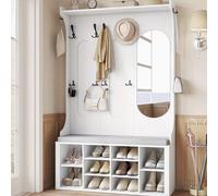 Petit abri avec banc et miroir en bois blanc, 100 x 35,5 x 185 cm