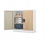Petit Armoire de Bureau Metallique revêtement en Poudre Portes battantes verrouillable 92,5 cm x 90 cm x 40 cm Blanc/Imitation Bois