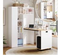 Petit bureau pliable d'angle blanc 104,5x30,5x160 cm, rangement bibliothèque, étagères ajustables et prise USB