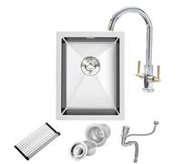 Petit Évier de Cuisine Inox 35 x 45 cm, 1 Bac avec Robinet Double Poignée Eau Chaude et Froide, Pose Sous Plan ou Sur Plan, Finition Brossée - Inclut Bonde, Trop-plein et Kit de Vidange