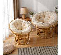 Petit Fauteuil Papasan en Rotin Beige - Mini Chaise Papasan - Coussin Blanc cassé - D 80 cm x H 80 cm
