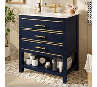 Petit Meuble salle de bain avec vasque en céramique-Meuble lavabo main wc et bassin intégré avec tiroirs-L76 x P46,5 x H86 cm,bleu