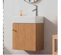 Petit Meuble salle de bain suspendu avec vasque -Meuble lavabo main wc et bassin intégré -L46 x P26 x H56 cm ,color bois