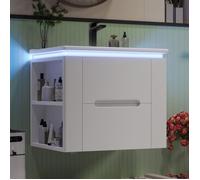 Petit Meuble vasque salle de bain suspendu 2 tiroirs-Meuble lavabo main wc et bassin intégré blanc -61x46x48.5cm