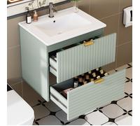 Petit Meuble vasque salle de bain suspendu 2 tiroirs-Meuble lavabo main wc et bassin intégré vert menthe -61x46x57 cm
