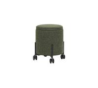 Petit pouf en tissu vert, rond, avec roulettes, rangement, uni - Hübsch, Contain - 42x42x46 cm