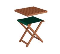 Petit tabouret de jardin pliable, bois foncé avec tissu vert, tablet assorti