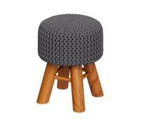 Petit tabouret rond en tricot coton gris foncé et pieds en bois - Lisa - Maison Pavane