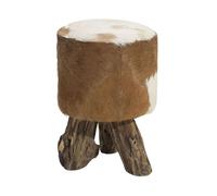 Petit Tabouret Rond Trépied en Cuir de Chèvre Marron Doré et Bois de Teck Kent