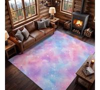 Petit Tapis Ciel Étoilé Onirique Lavable en Machine, 120 x 170 cm Antidérapant Aquarelle Galaxie Cosmos Nuages Tapis pour Descente de Lit Bureau Cuisine, Rose Interieur Poil Courts Doux Ras Carpet