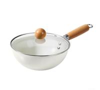 Petit wok blanc avec couvercle transparent, poêle à fond plat antiadhésive pour sauté et crêpes, manche en bois, compatible induction