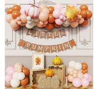 Petite citrouille rose, ballon orange, bannière, décoration d'automne, fête | Kit de 88 ballons en latex avec bannière en toile de jute, feuilles d'érable, ballons en aluminium citrouille rose