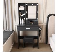 Petite coiffeuse, 60x38x131.5 cm, Noir, MDF, table maquillage, rangement chambre, [éclairage led professionnel à 3 modes]le miroir