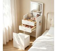 Petite Coiffeuse avec Led, Coiffeuse 3 en 1 avec Miroir Rabattable, Couffeuse Compacte et Tabouret Rembourré Roulettes, 3 Couleurs, Plateau en Verre Visible, 2 Tiroirs pour Petits Espaces, Blanc