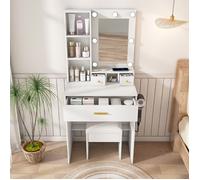 Petite Coiffeuse avec Miroir et éclairage LED Réglable, Prise, Support de Sèche-cheveux, Table de Maquillage avec Tabouret, Blanc