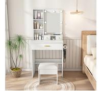Petite Coiffeuse avec Miroir LED Réglable, Prise Intégrée, Support et Tabouret Rembourré - Table avec Tiroirs, Blanc, 60x131.5x38c