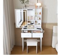 Petite coiffeuse blanche avec miroir, éclairage LED réglable et prise-incl. tabouret rembourré, rangement caché et étagère