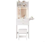 Petite coiffeuse LED réglable, 1 tabouret, 2 tiroirs, 2 niches ouvertes, plateau rabattable 25 cm, blanc, 75x156x45 cm