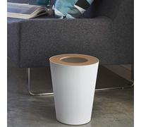 Petite poubelle Yamazaki, 28 cm, avec couvercle astucieux en bois, blanche et ronde
