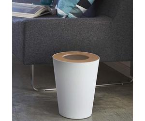 Petite poubelle Yamazaki, 28 cm, avec couvercle astucieux en bois, blanche et ronde