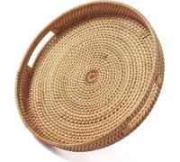 Petite table basse en bois naturel avec poignées - Pouf table basse de salon tissée décorative - Cuisine et salon - Style naturel - Petite taille 30 cm x 6 cm