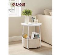 VASAGLE Petite Table Basse Ronde, Table d’Appoint avec Panier en Tissu, Rangement, pour Salon, Chambre, Style Moderne, Blanc Mat et Marron Camel LET223W10