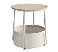 Petite Table Basse Ronde, Table d’Appoint avec Panier en Tissu, pour Salon, Chambre, Style Moderne, Beige Naturel et Blanc Crème