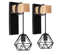 PETITES ECREVISSES E27 Applique Murale Vintage Industrielle Plafonnier Luminaire Bois Design Rétro Lamp Murale Interieure Noir Diamant Cage en Métal pour Salon Cuisine Chambre (C-2pcs)