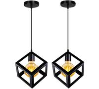 PETITES ECREVISSES Lustre Suspension 3 Lampes Industrielle Luminaire Plafonnier Vintage E27 Plafond Abat-Jour Forme de Cube Métal pour Sejour Chambre Cuisine (Noir, 2pcs)