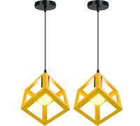 PETITES ECREVISSES Lustre Suspension 3 Lampes Industrielle Luminaire Plafonnier Vintage E27 Plafond Abat-Jour Forme de Cube Métal pour Sejour Chambre Cuisine (Jaune, 2pcs)