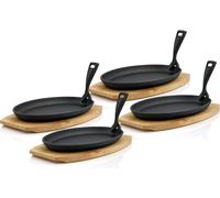 Petites poêles de service en fonte BBQ-Toro avec planche en bois (lot de 4), 27 x 18 cm - ovales, noires, déjà culottées