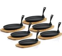 Petites poêles de service en fonte BBQ-Toro avec planche en bois (lot de 6), 27 x 18 cm - ovales, noires, déjà culottées