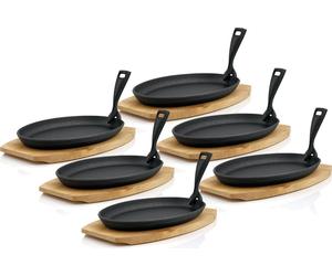 Petites poêles de service en fonte BBQ-Toro avec planche en bois (lot de 6), 27 x 18 cm - ovales, noires, déjà culottées