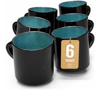 Petites tasses en faïence pour 6 personnes. Ibiza Lot de tasses à thé et à café de qualité supérieure - Passe au lave-vaisselle, au micro-ondes et aux rayures - Élégant ensemble Bleu Fumé
