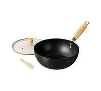 PETSOLA 3 Pièces Wok Sauteuse Poêle En Fer Matériel de Cuisson avec Couvercle et Spatule En Bois Fond Antiadhésif Approprié pour La Friture et Le Mijotage Qu, 28cm