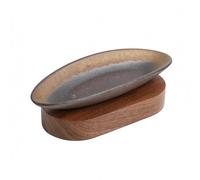 PETSOLA Brûleur d'Encens Récipient Porte-encens Plateau Céramique Coupelle Fumigation Support Bâtons et Bois Aspect Artisanal, Plat De Combustion Bateau Plat avec Support en Noyer