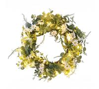 PETSOLA Couronne Florale Décorative Couronne Fleur Couronne Végétale Couronne Murale à Feuillage Dense et Pétales Blancs Accents, Couronne De Marguerites Et Feuilles D Eucalyptus avec Lumières