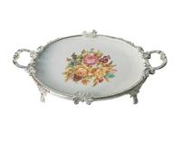 PETSOLA Plateau En Céramique avec Support En Métal Décoratif Plateau Service Vintage Plat Service pour Réception, Argenté, Ovale 45 Argenté