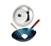 PETSOLA Wok Poêle Fonte avec Couvercle Poêle Chinoise Antiadhésive Casserole pour Frire Poignée Bois Ergonomique Adaptée à La Cuisine Maison Restaurant, Diamètre de Pot 30