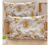 PETTI Artigiani Italiani - Lot de 2 Taies d'Oreillers 50x30 cm 100% Microfibre Hypoallergénique, Housse Oreiller Rectangulaire Motif Floral Blanc Doré, Paquet de 2, Fabriqué en Italie