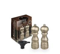 PEUGEOT - Duo de Moulin à Poivre + Moulin à Sel Paris 18 cm - Entonnoir Silicone, 1 Sachet de Sel Sec & 1 Sachet de Poivre du Vietnam Inclus - Fabrication Française - Bois de Hêtre - Patine Dorée