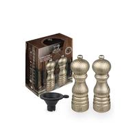 PEUGEOT - Duo de Moulin à Poivre + Moulin à Sel Paris 18 cm - Entonnoir Silicone, 1 Sachet de Sel Sec & 1 Sachet de Poivre du Vietnam Inclus - Fabrication Française - Bois de Hêtre - Patine Dorée