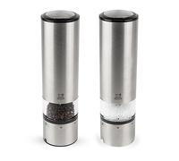 PEUGEOT - Duo Moulin à Poivre + Moulin à Sel Électriques Elis Sense u'Select 20 cm + Fiole de Poivre & Sel Gemme Inclus + Plateau - 6 Réglages De Moutures Prédéfinies - En Inox - Fabrication Française