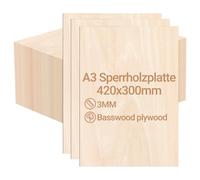 Peviasot Lot de 12 plaques de contreplaqué de 3 mm - 420 x 300 mm - En bois de tilleul - Découpe sur bois de bricolage - Pour modélisme, découpe laser, gravure laser, bois, peinture à l'huile