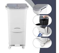 Peviasot : Poubelle de tri pour la cuisine, 42 litres, à 3 compartiments, avec bac supérieur double, bac inférieur séparé, 2 couvercles à pression, pédale et roulettes, couleur blanche