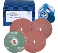 PFERD TOOLS Jeu de disques fibre COMBICLICK corindon Ø125mm A36, 60, 80, 120 avec plateau-support CC-H-GT pour applications universelles
